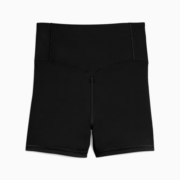 Black PUMA shorts for women, featuring a high waistband and a streamlined design.